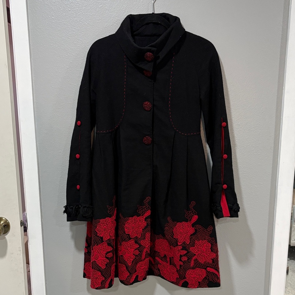 Black Embroidered Floral Coat Red Gothic Lined Fit & Flare
